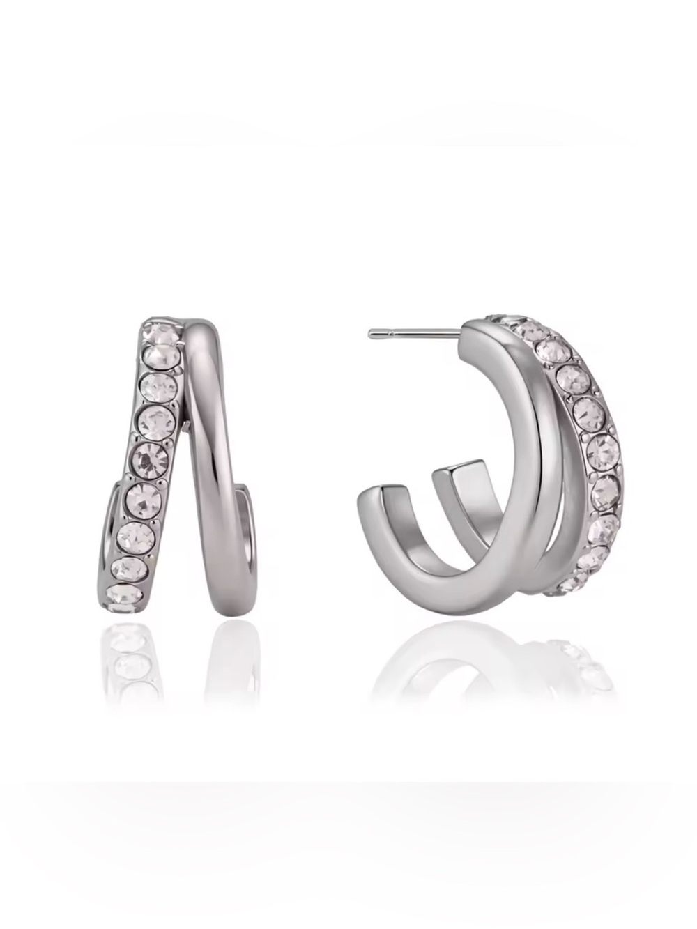 Silver Double Row Crystal Hoop Earrings